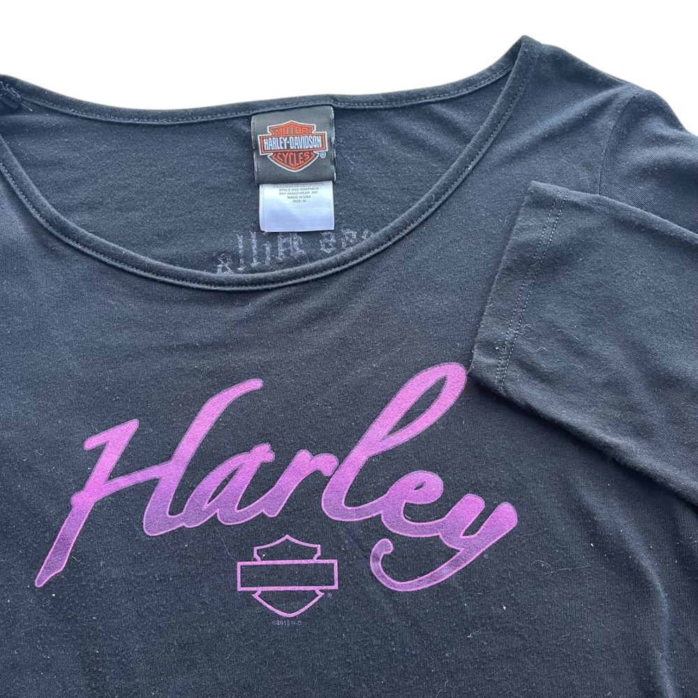 Harley Davidson Women M Black 3/4 Sleeve Purple Graphic T Shirt Loess Hills Moto